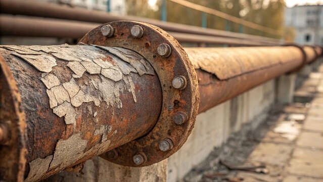 Close view of industrial pipe showing significant corrosion and peeling paint on a weathered surface