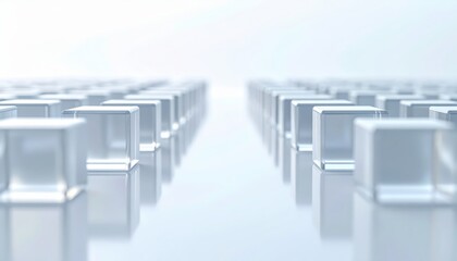 Precisely aligned rows of miniature translucent cubes emitting a soft internal glow on a reflective surface