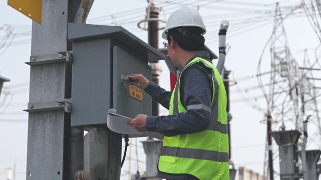 Engineer documenting junction box inspection with clipboard at substation