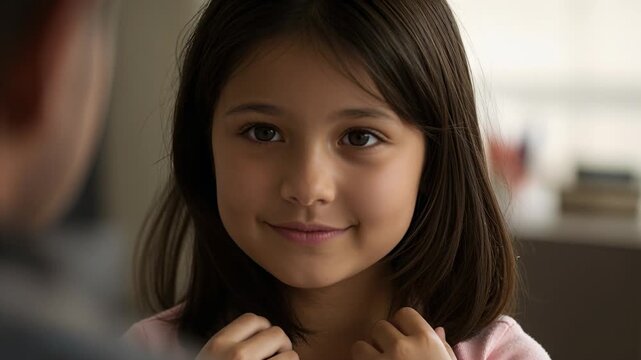 Smiling child wearing pink top responding to blurred adult prompt at home, showing stud earring