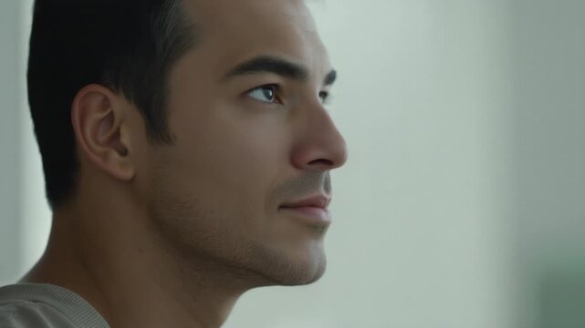 Shifting man lifting head and fixing eyes above in room, wearing tee with blurred vertical frame