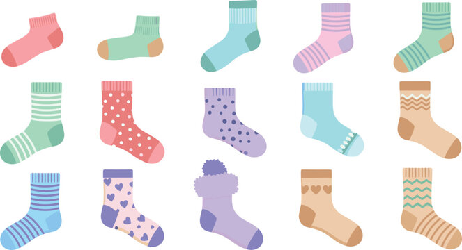 Colorful socks collection with different patterns and styles, cozy winter clothing accessories for fashion, wardrobe and textile design vector set
