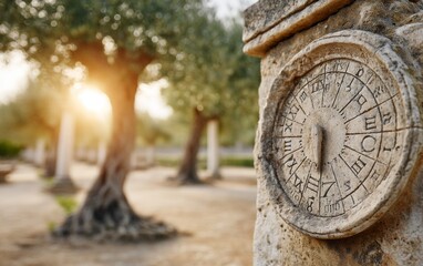 Fototapeta premium Ancient Limestone Sundial in Roman Style Setting