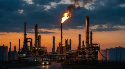 Obraz premium Industrial Oil Refinery at Sunset with Flame and Dramatic Clouds