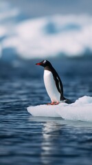 Fototapeta premium A solitary penguin stands on a small iceberg surrounded by calm water and distant ice formations