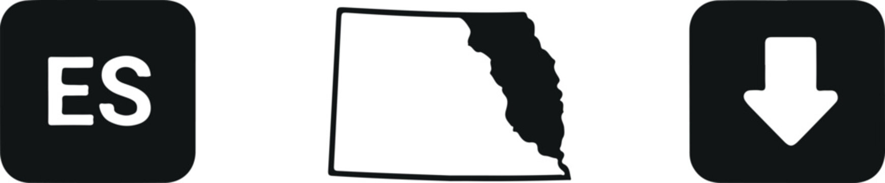 ES language abbreviation icon, Florida state map silhouette, and download arrow symbol vector set isolated on light background for interface and geography design