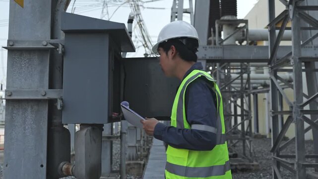 Engineer in hard hat holding clipboard while documenting field observations at substation junction box during preventive maintenance