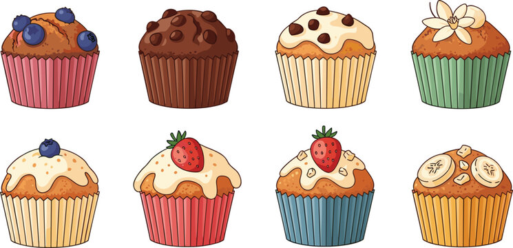 Cupcake dessert collection with different toppings including blueberry, strawberry, banana and chocolate muffins colorful bakery sweets vector illustration set