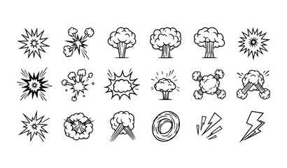 Cartoon explosion effects vector set with comic smoke blast bomb and impact icons in black and white style © MdRoni