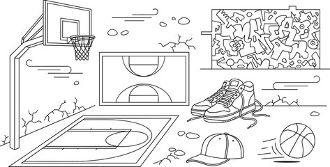 Fototapeta premium Street Basketball Court Scene Line Art Illustration with Hoop, Ball, Sneakers, Cap and Graffiti Wall for Urban Sports and Playground Design