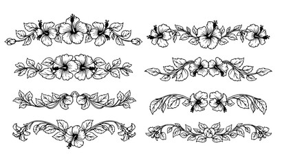 Fototapeta premium Elegant hibiscus floral border dividers with botanical leaves decorative black vector ornament set