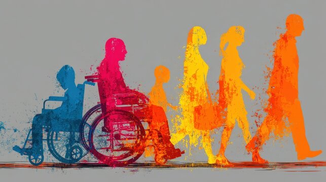 Colorful silhouettes of people with and without wheelchairs walking together, symbolizing inclusion, diversity, and accessibility on a gray background.