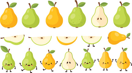 Hand drawn pear fruit doodles collection with cute cartoon pears, slices and playful characters colorful sketch style vector illustration set © MstTanzila