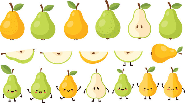 Hand drawn pear fruit doodles collection with cute cartoon pears, slices and playful characters colorful sketch style vector illustration set