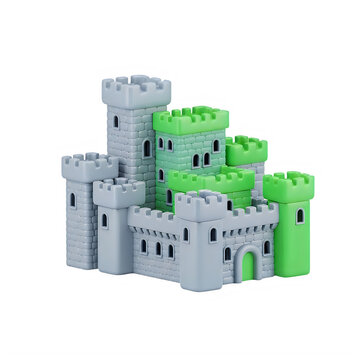 A toy castle made of blocks with green and gray towers