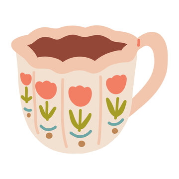 Cozy vintage floral teacup doodle featuring aesthetic cottagecore mug illustration