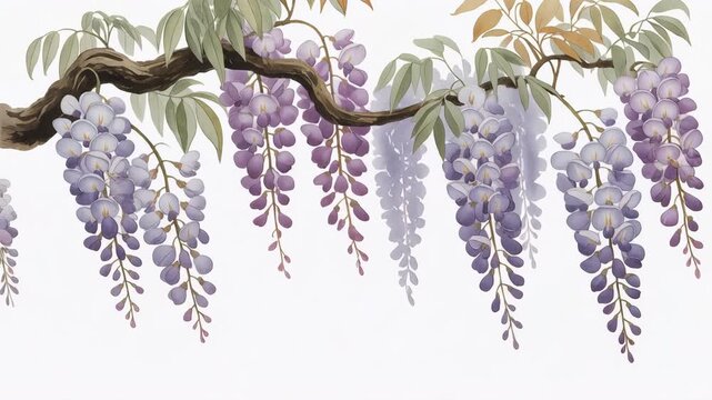 藤の花房が白地に優雅に垂れる上品な水彩ボタニカル