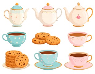 Tea Party Delight - Teapots, Cups, and Delicious Chocolate Chip Cookies.