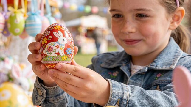Spotting red egg, child in denim jacket picking up, inspecting in outdoor market, showing companion
