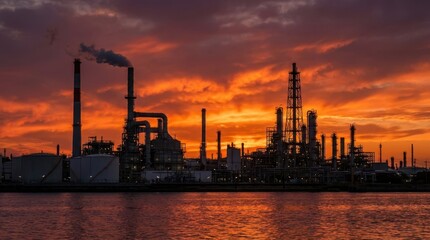 Obraz premium Industrial Skyline at Sunset with Silhouetted Structures and Smoke