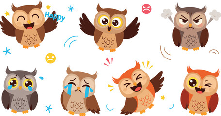 Naklejka premium Cute Owl Emotions Clipart Set Showing Happy, Angry, Crying, Laughing and Sad Cartoon Owl Characters for Kids Education, Stickers and Expression Designs