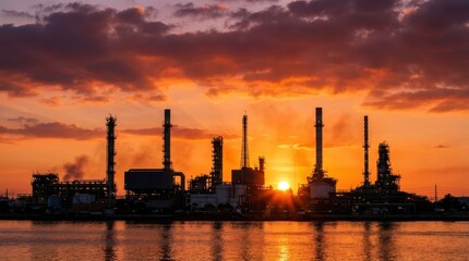 Fototapeta premium Industrial Skyline with Sunset Reflected in Calm Water Surface