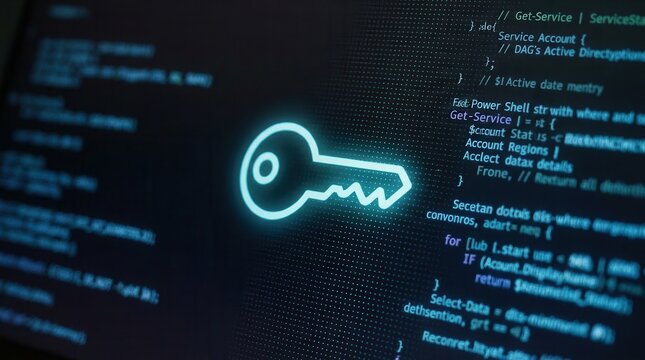 Glowing Neon Digital Key Icon Over Computer Code Background
