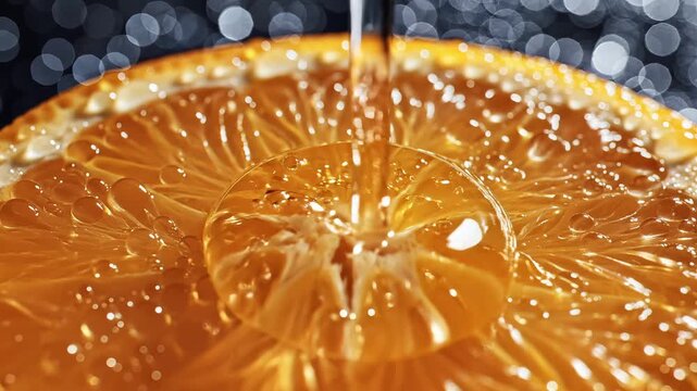 Close up of orange slice with dripping liquid fresh fruit and refreshment concept