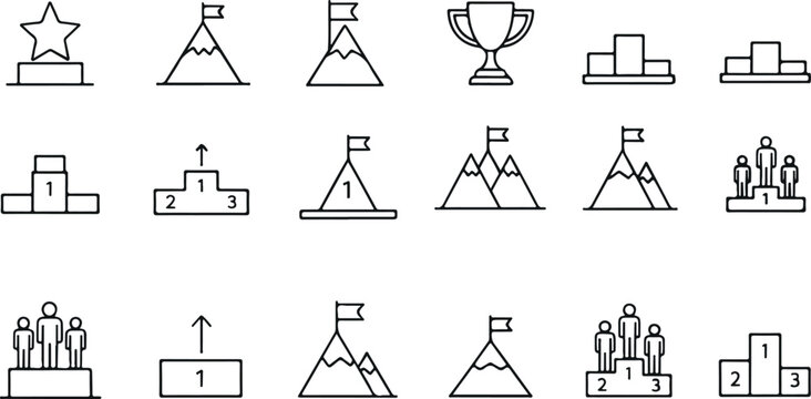 Achievement award and podium icon vector set with trophy, ranking podium, mountain goal symbols isolated on light background for success and competition design