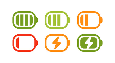 Battery icon set. High quality colorful style vector icons. Rounded batery charge indicator. Baterry level, energy, full. Green 100% 75%, orange 50%, red 25%, batteries.