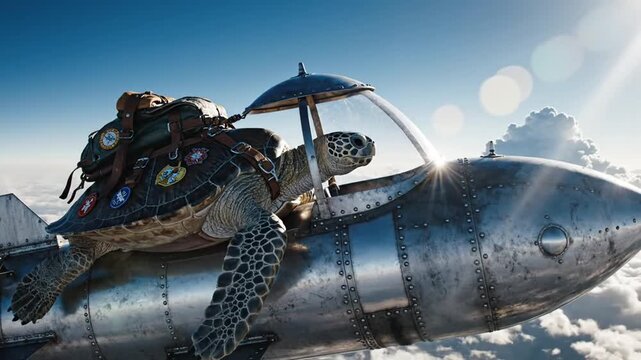 Turtle pilot soaring through sky adventure fantasy concept image