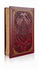 Fototapeta premium Antique Embossed Red Leather Bound Book with Gold Gilded Edges Detailed Cover