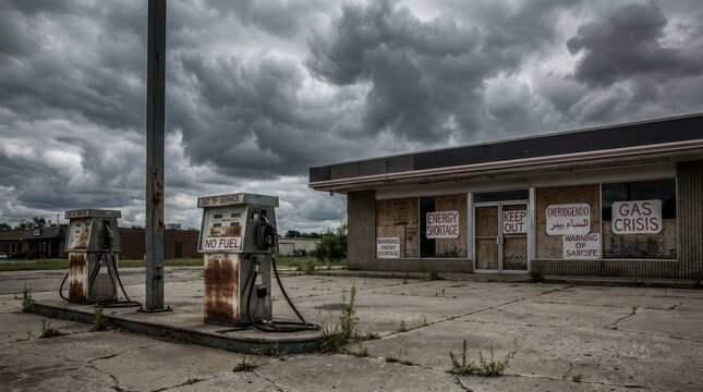 Abandoned Gas Station with Warning Signs and Overcast Skies