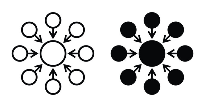 Centralized icon showing arrows pointing towards a central point, representing directional flow connectivity convergence and network integration in a symmetrical vector design for apps dashboards info