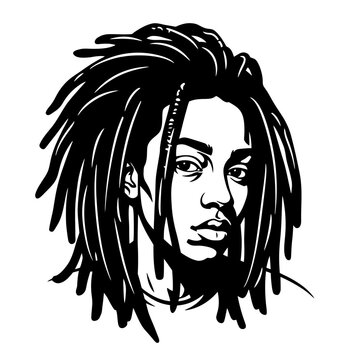 Stylized Portrait of a Young Man with Dreadlocks, Black and White Graphic Art