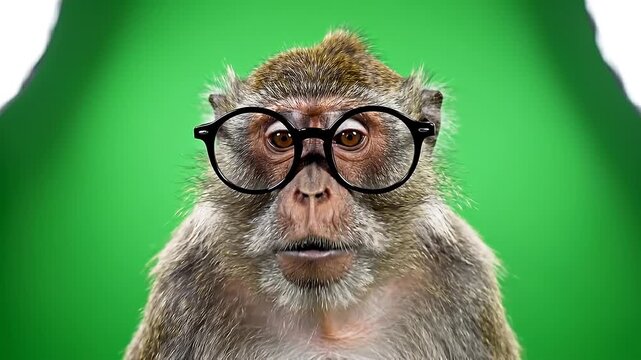 A monkey wearing black glasses with a surprised expression on a green screen background. Perfect for memes, funny videos, and social media content.