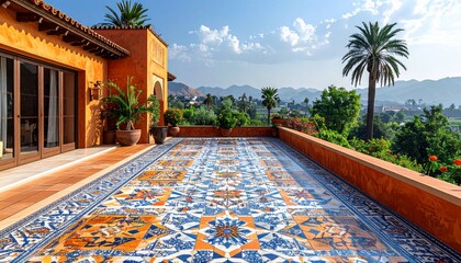 Fototapeta premium Orange Mediterranean Villa Balcony With Ornate Tile Floor And Palm Tree View