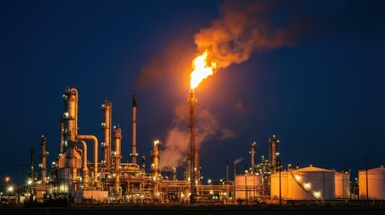 Obraz premium Industrial Oil Refinery at Night with Flare and Illuminated Structures