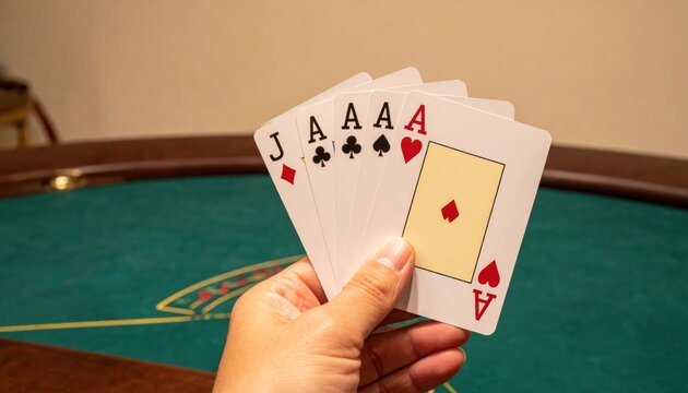 A human hand holds a fanned set of playing cards, prominently revealing a strong pair of Aces on a green felt casino table, suggesting high stakes gameplay and strategic decisions.