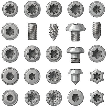 torx screw and bolt fastener vector icon set