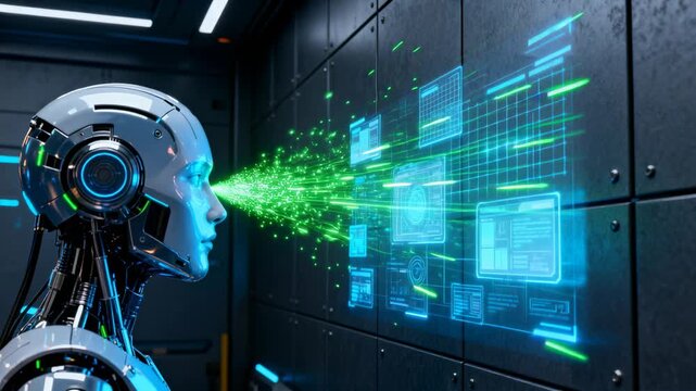 Glowing robot sending green beam from optics toward wall in lab, querying holo display, copy space