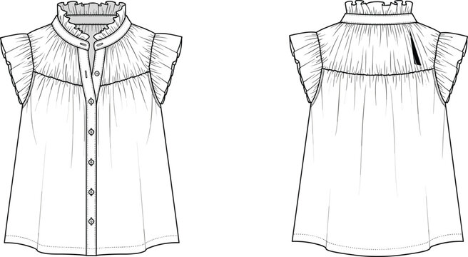  Technical fashion illustration of women's blouse with ruffled collar, button front, flutter sleeves, gathered yoke, front and back view flat sketch design