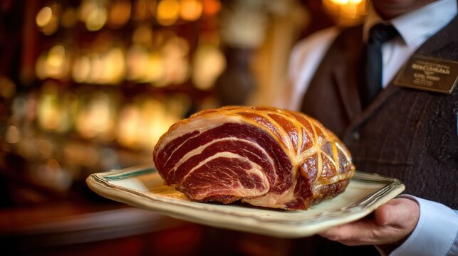 Waiter presenting a glazed roast ham on a platter in an elegant restaurant setting with warm ambient lighting.