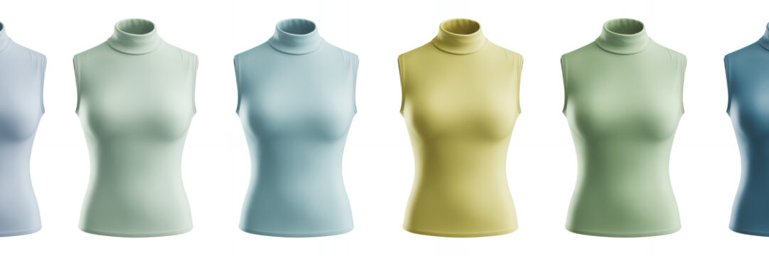 Row of female torso mannequins in various green and blue fashion