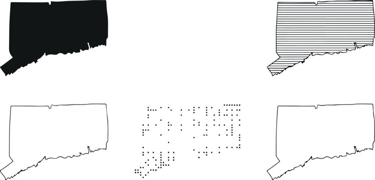 Connecticut state map vector set with solid silhouette outline dotted pattern and striped design geographic illustration collection