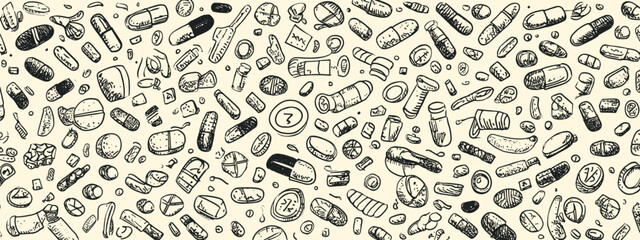 Obraz premium Colorful Medical Pills and Capsules Pattern in Hand Drawn Style 