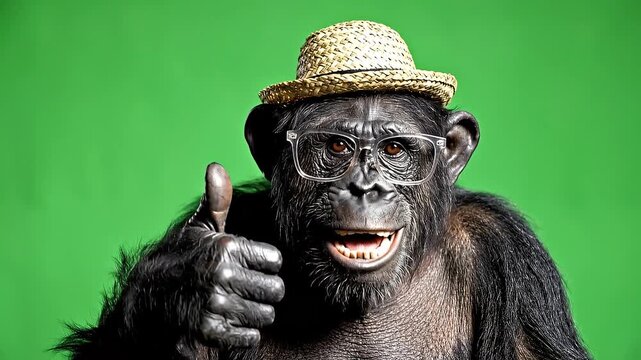 A monkey wearing a straw hat and glasses gives a thumbs up on a green screen background. Perfect for memes, funny videos, and social media content.