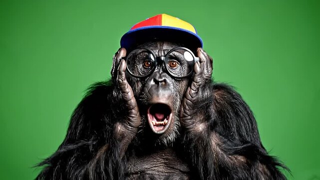 A monkey wearing a colorful hat and glasses, reacting with a shocked expression on a green screen background. Great for memes, social media posts, presentations.