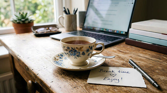 Cozy workspace with a cup of tea beside a laptop and a note reading &ldquo;Break time Enjoy!&rdquo;, capturing a relaxing moment, productivity, and a warm home office atmosphere