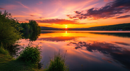 Obraz premium A serene lake at sunset with vibrant colors reflecting on the water